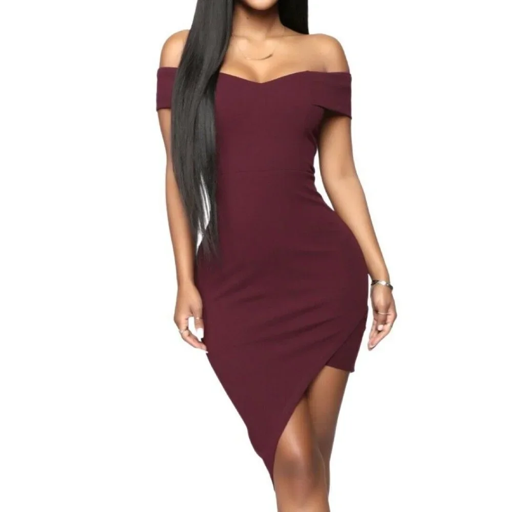 Fashion Nova Do Or Die Off the Shoulder Asymmetrical Sangria Knit Dress Size L - Picture 1 of 8
